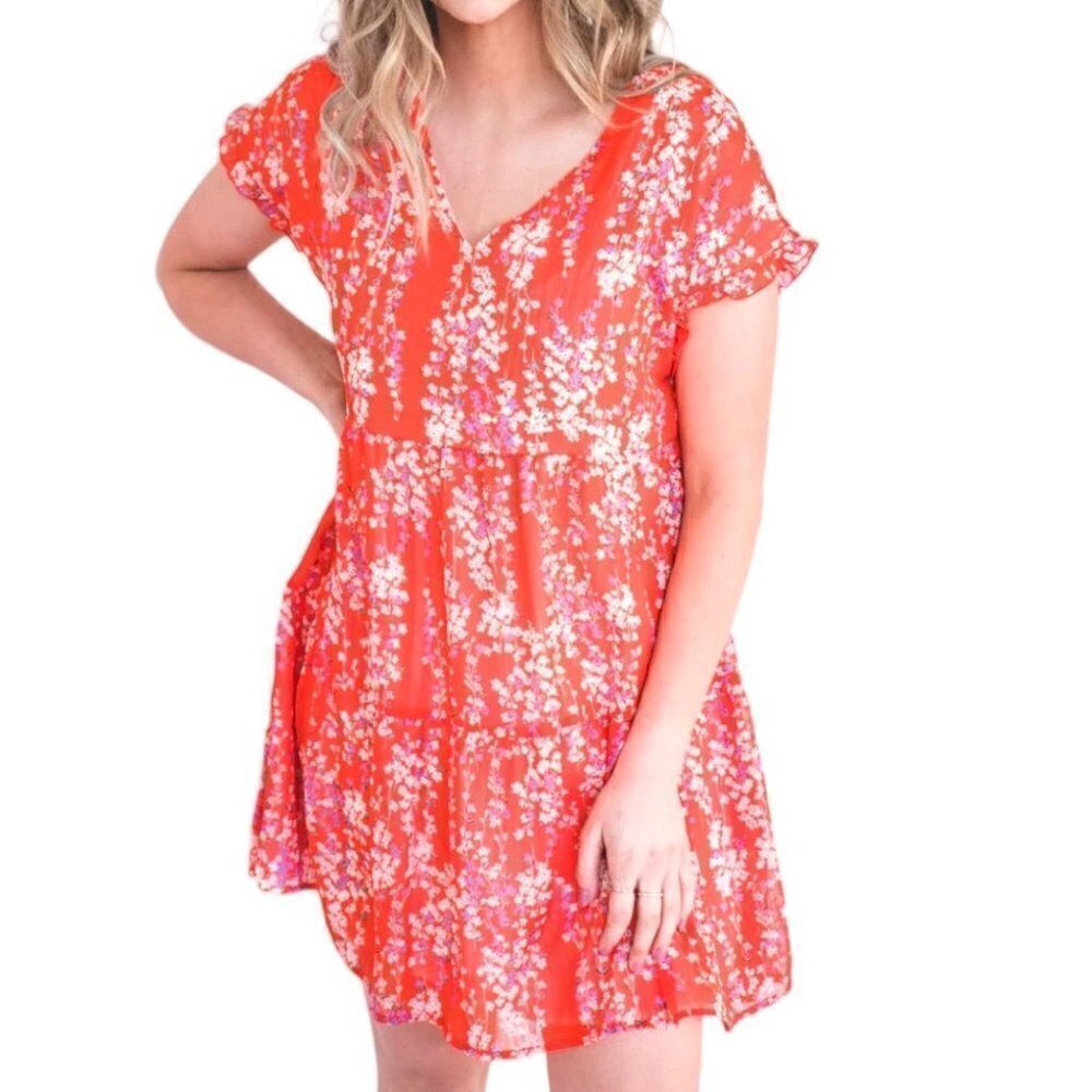NWT ePretty Floral Tiered V Neck Ruffle Sleeve Mini Dress Red White Size Medium